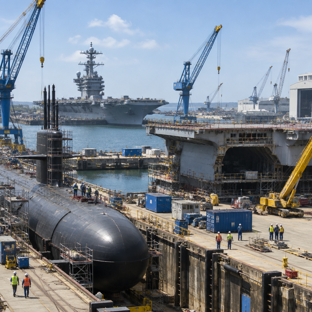 US naval yard with workers, cranes, and vessels under construction.