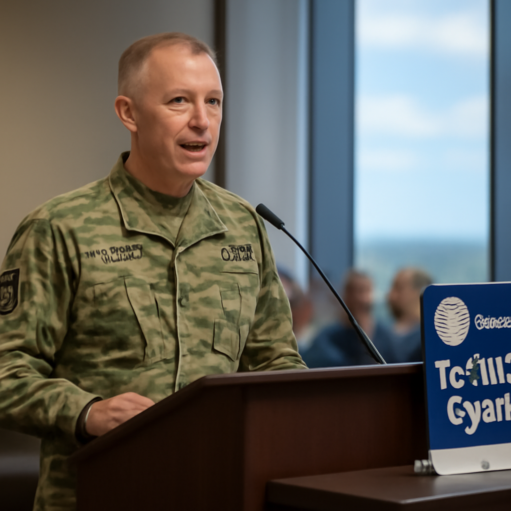 Lt. Gen. Paul Stanton speaks at a podium with materials and a laptop nearby.