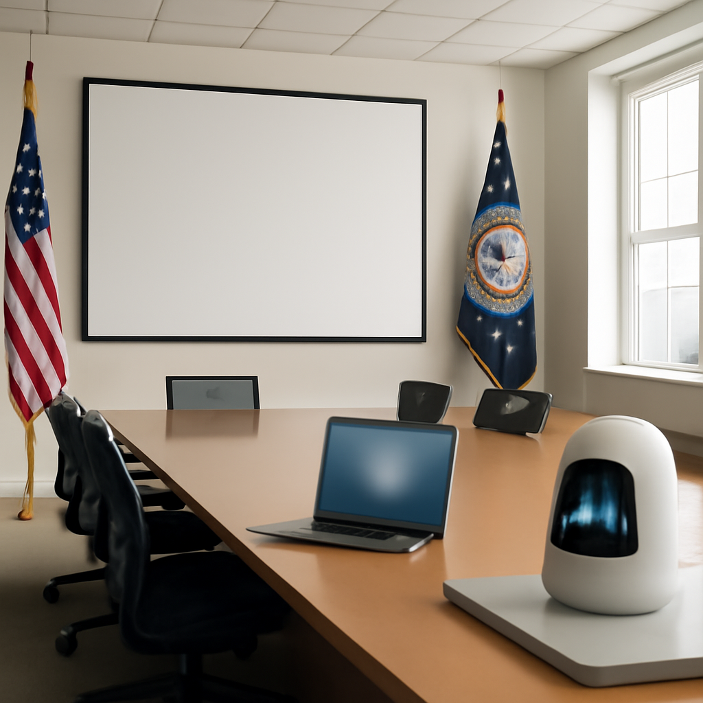 Modern conference room with empty table and blank whiteboard.