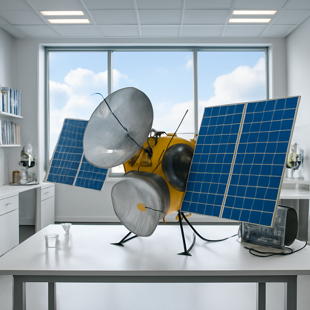 Satellite model on a lab table surrounded by scientific equipment with a daytime sky visible through a large window.