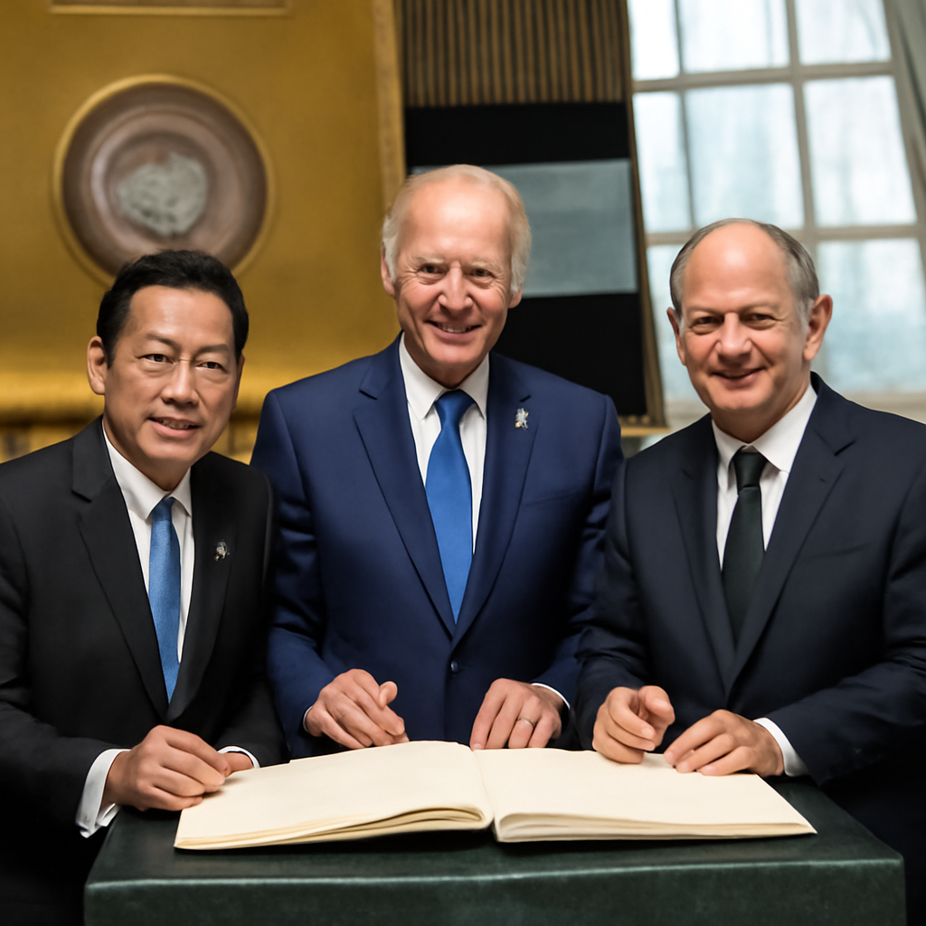 Leaders of three nations sign a formal document at a podium in a UN-style setting.