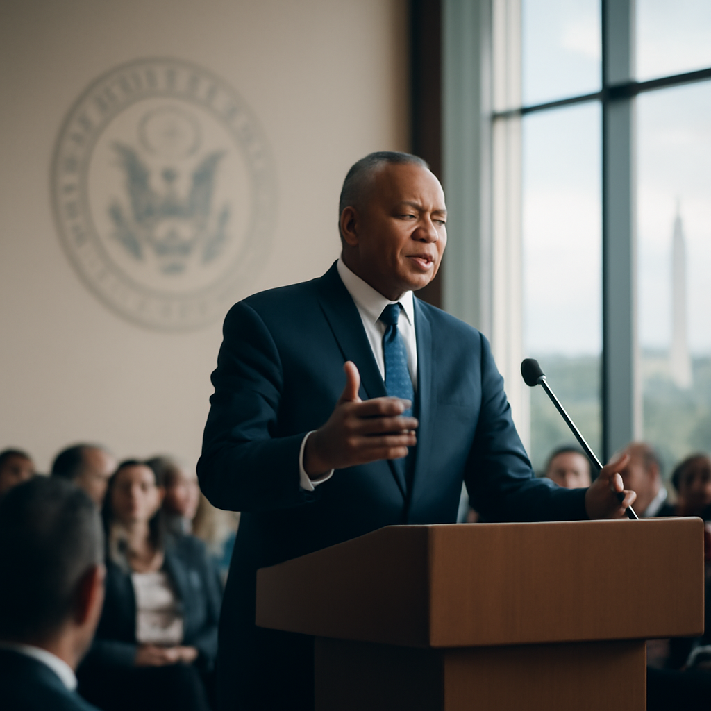 Speaker at a podium in a large conference room with a blurred audience and daylight streaming through tall windows.