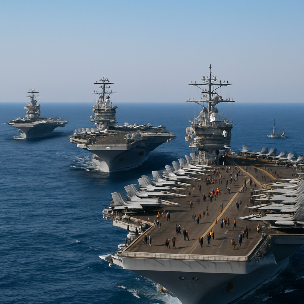 US aircraft carriers with escort ships and fighter jets operate in the Middle East under a clear blue sky.