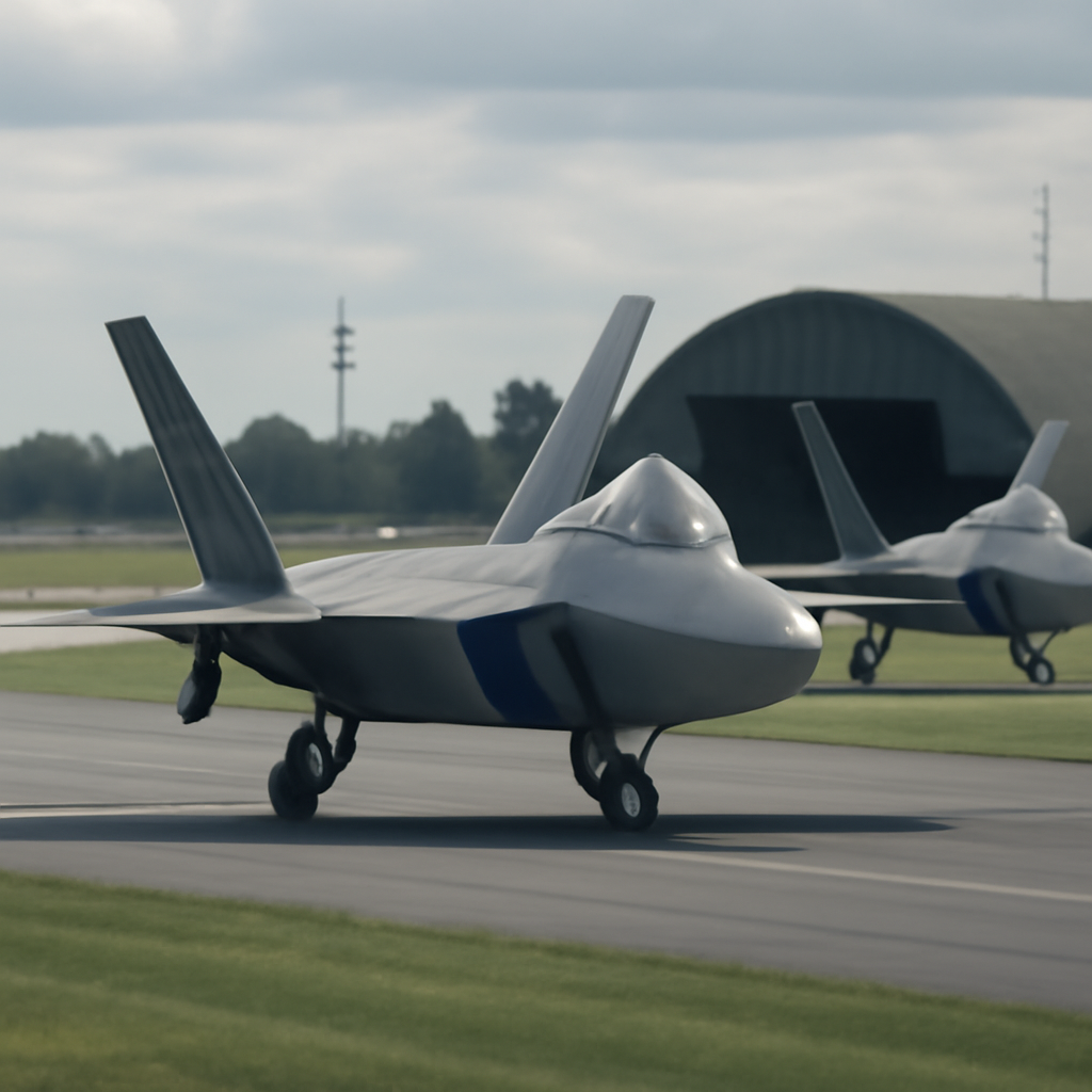 F-22 Raptors sit on a runway at RAF Fairford in daylight.