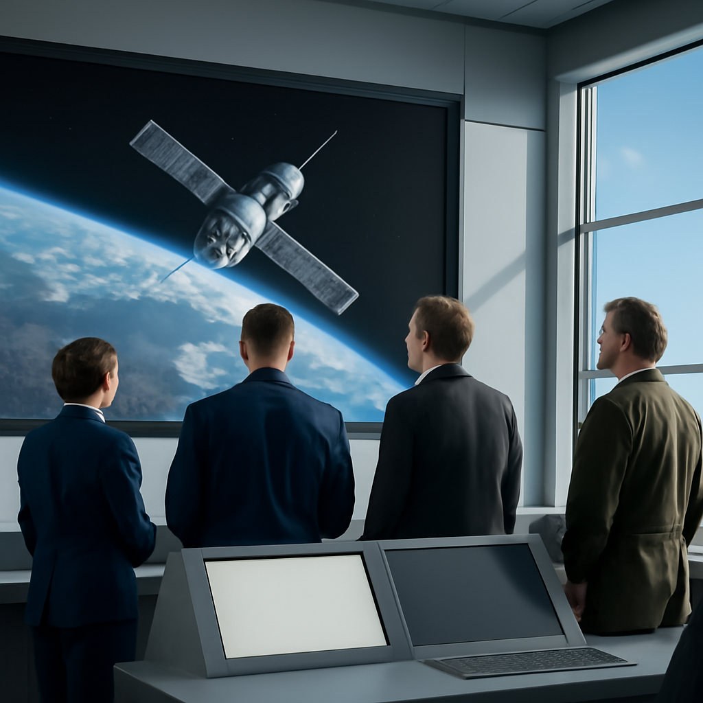 Military personnel stand before a display showing a satellite in orbit around Earth.