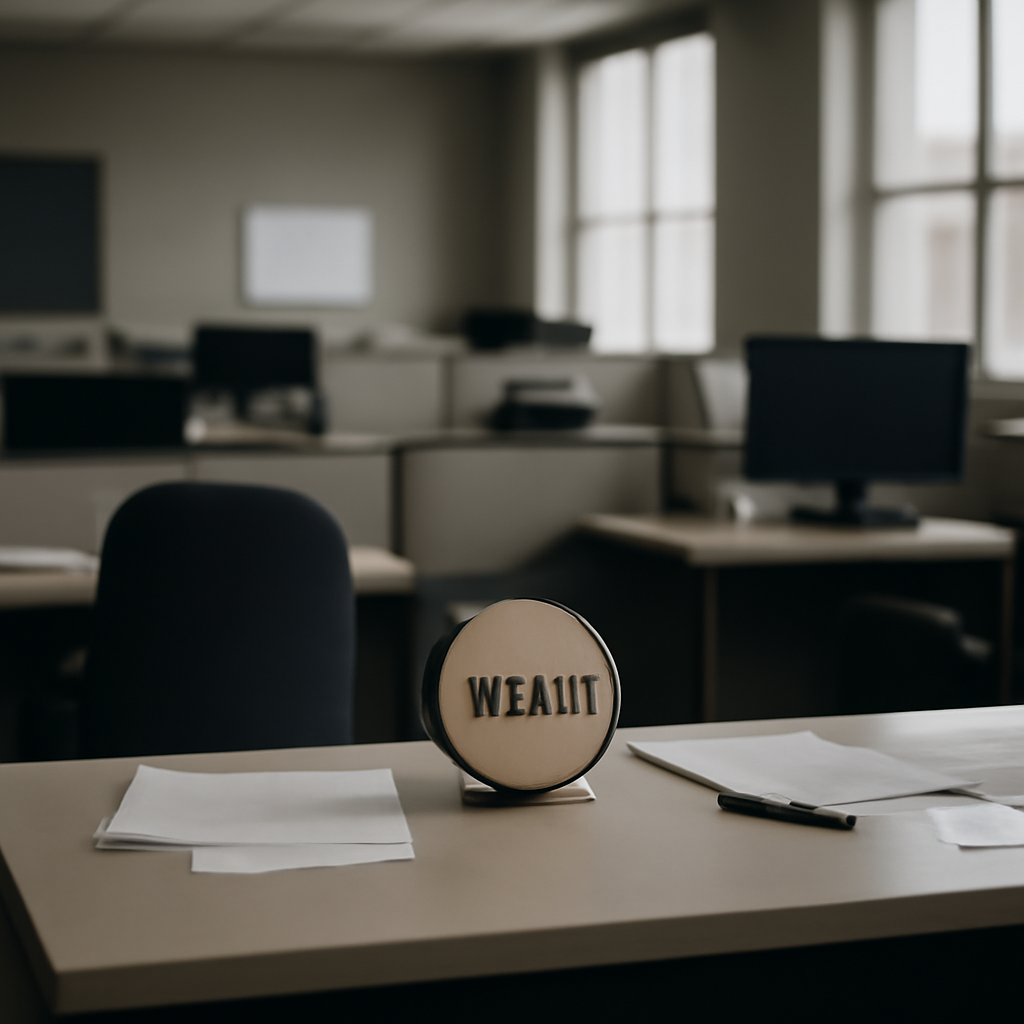 Empty government office space with a small plaque on a desk, symbolizing loss and staffing gaps.