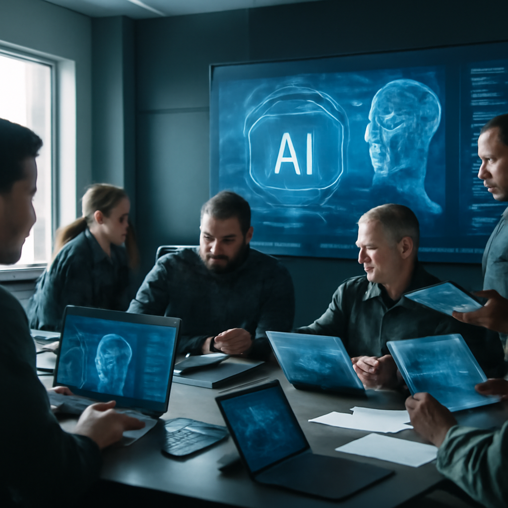 Government officials work on computers and interact with futuristic tech in a modern, well-lit office, conveying urgency…