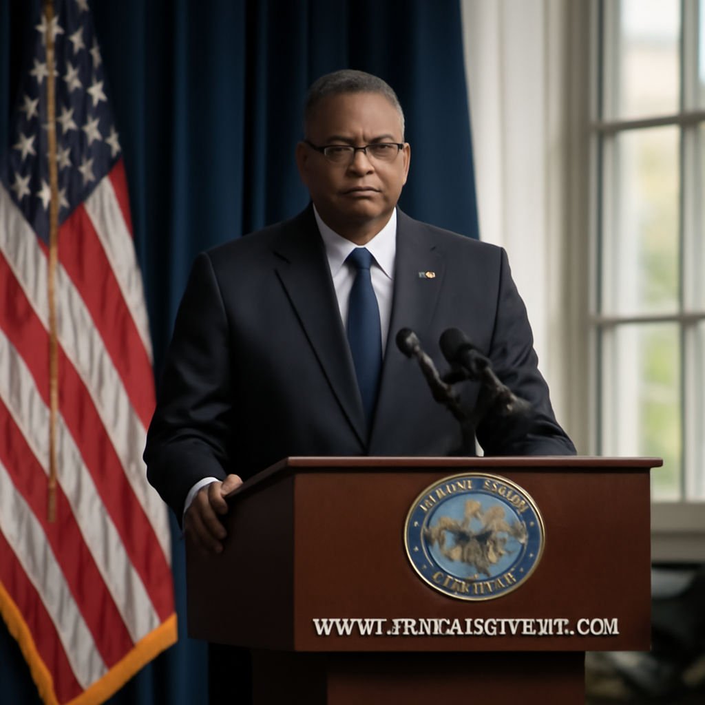 US Under Secretary of Defense speaking at a formal government briefing room.