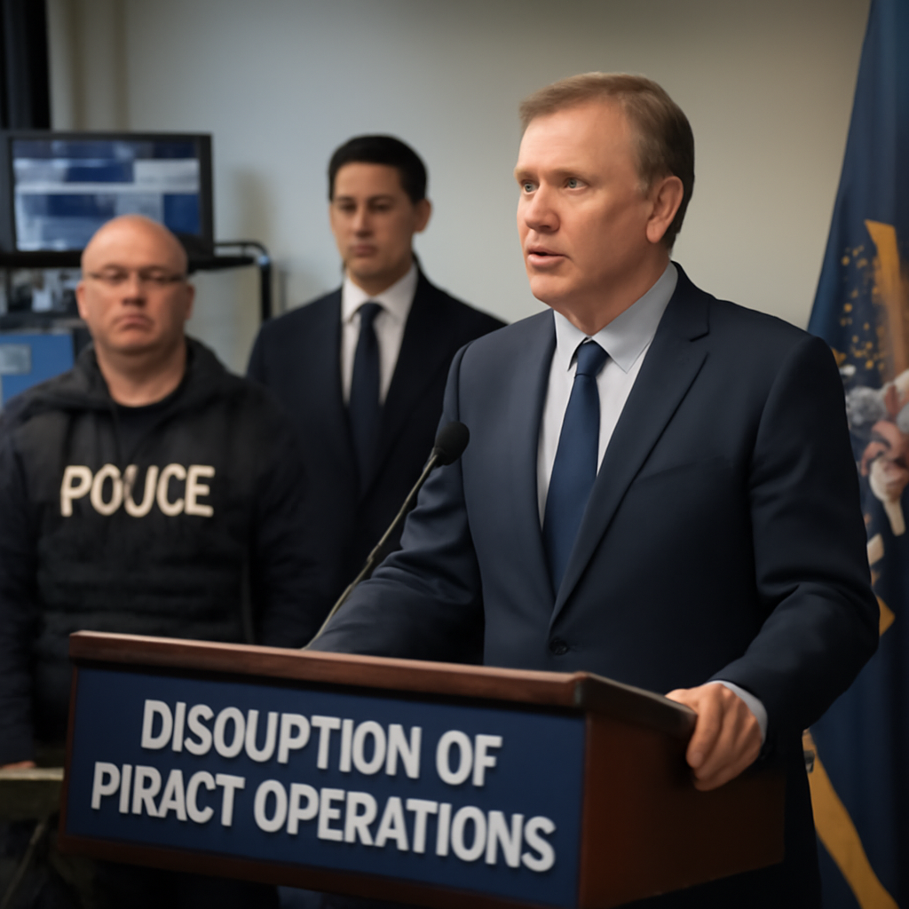 Law enforcement officials gather around a podium with technology equipment in the background.