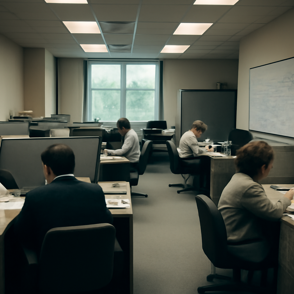 A typical office interior with cubicles and workers in business attire at desks.