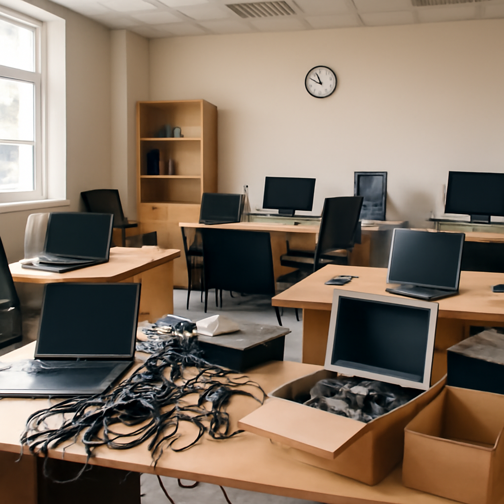 Generic office workspace with laptops and computers on desks, some disassembled or in boxes.