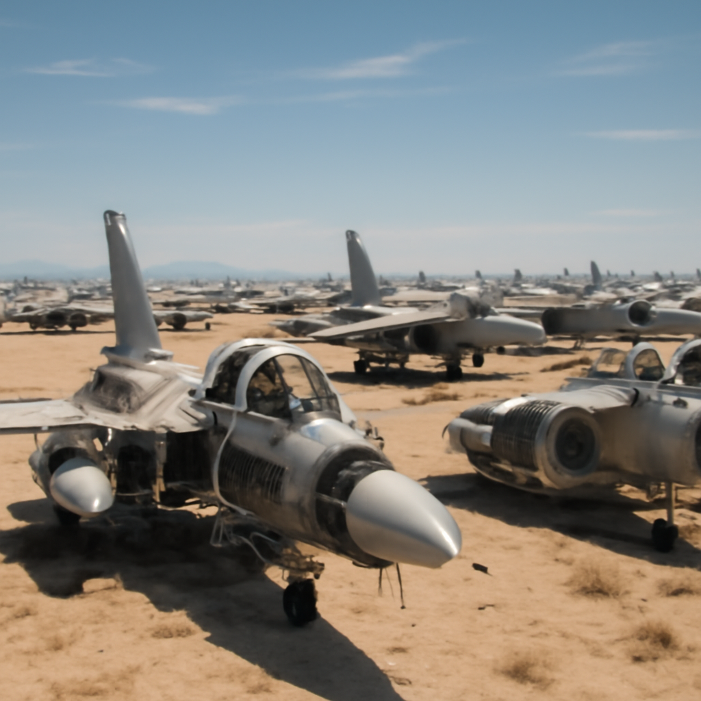 Rows of retired military aircraft in various states of disassembly in a desert boneyard.