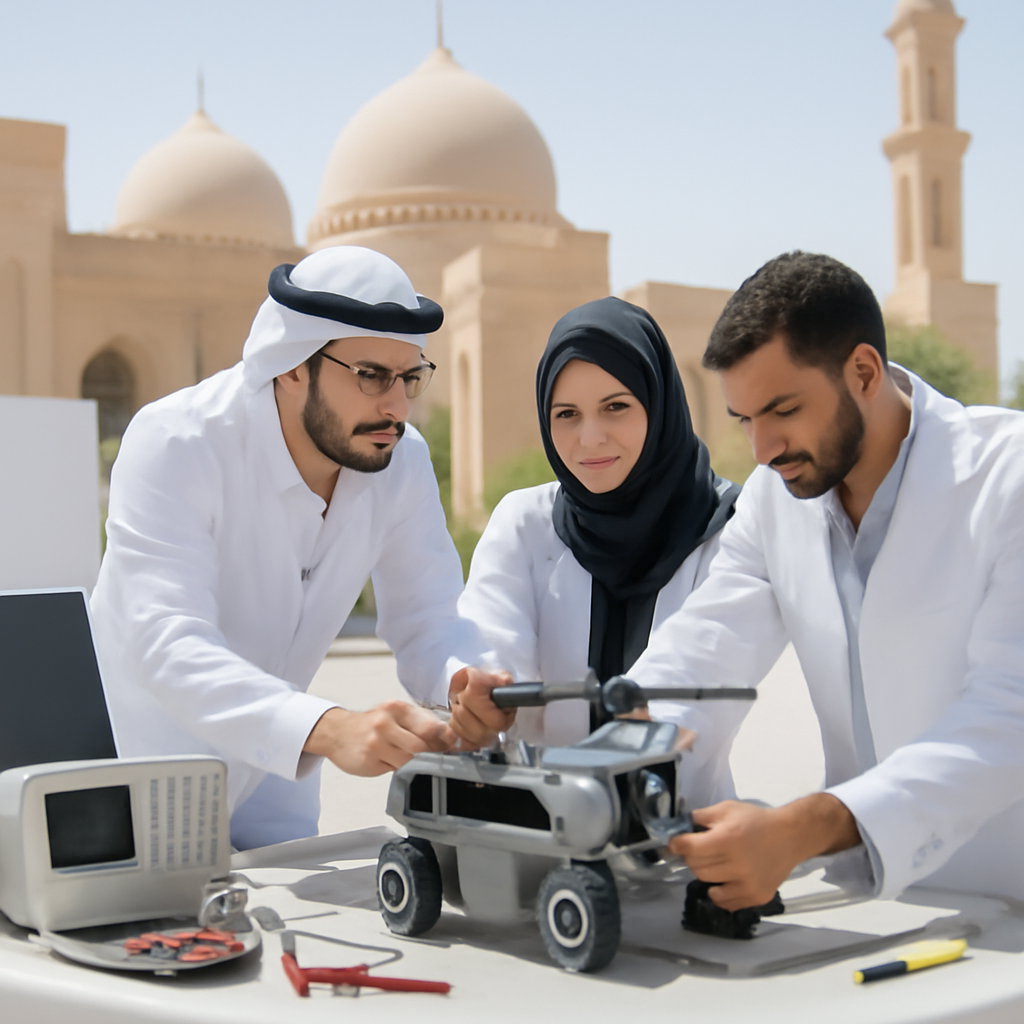 Technicians work on a prototype device in a brightly-lit facility with Middle Eastern architectural influences.