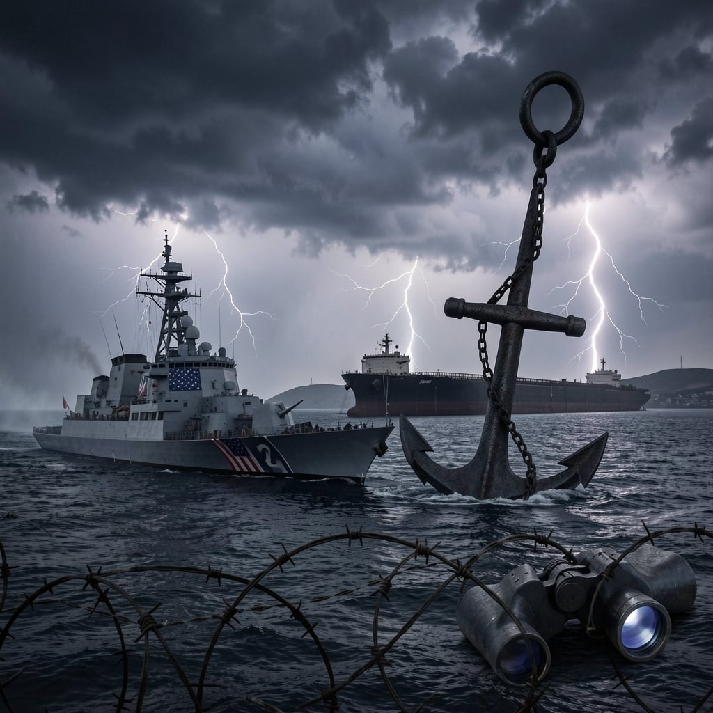 US Navy warship patrols near oil tanker off Iranian coast with anchor and barbed wire, amid American flag details.
