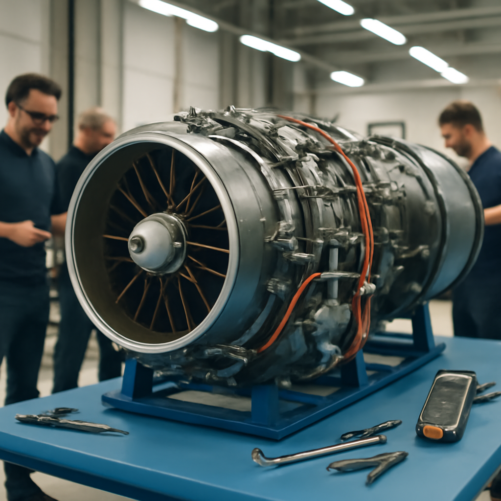 Technicians inspect a fighter jet engine on a workbench in a well-equipped facility.