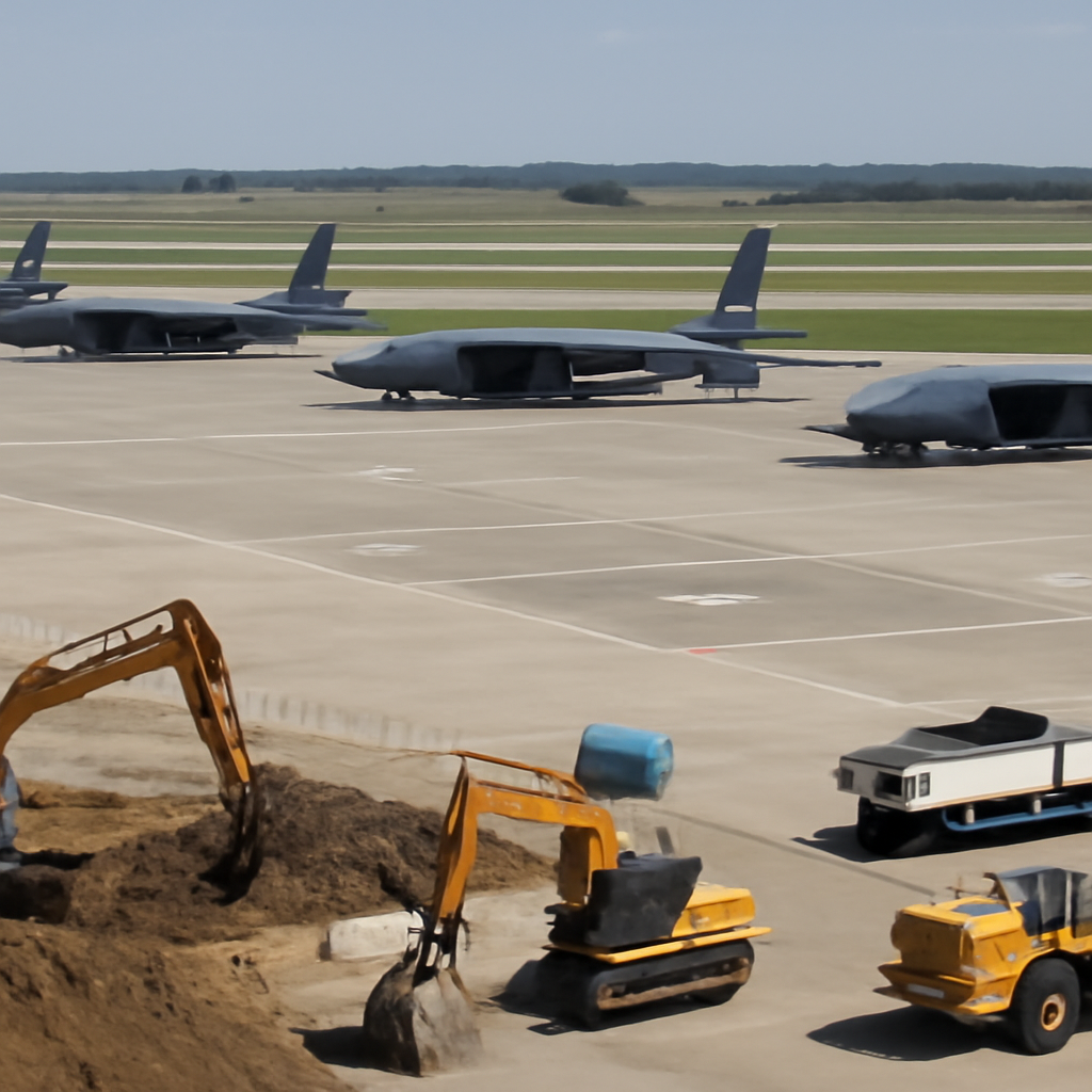 Construction equipment and vehicles surround B-52 bombers parked on an apron at a military air base.