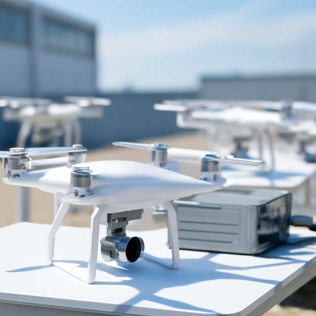 Drone on a pedestal with technical equipment in a bright laboratory setting.