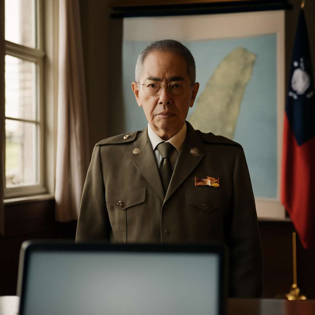 Senior official stands before a large Taiwan map in a formal government setting.