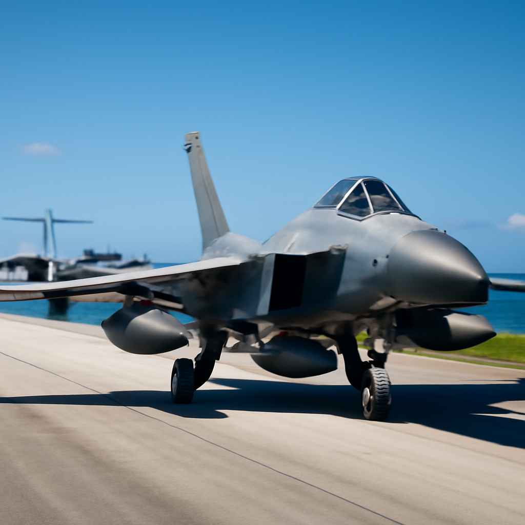 Military aircraft on Pacific island runway with ocean and blue sky in background.
