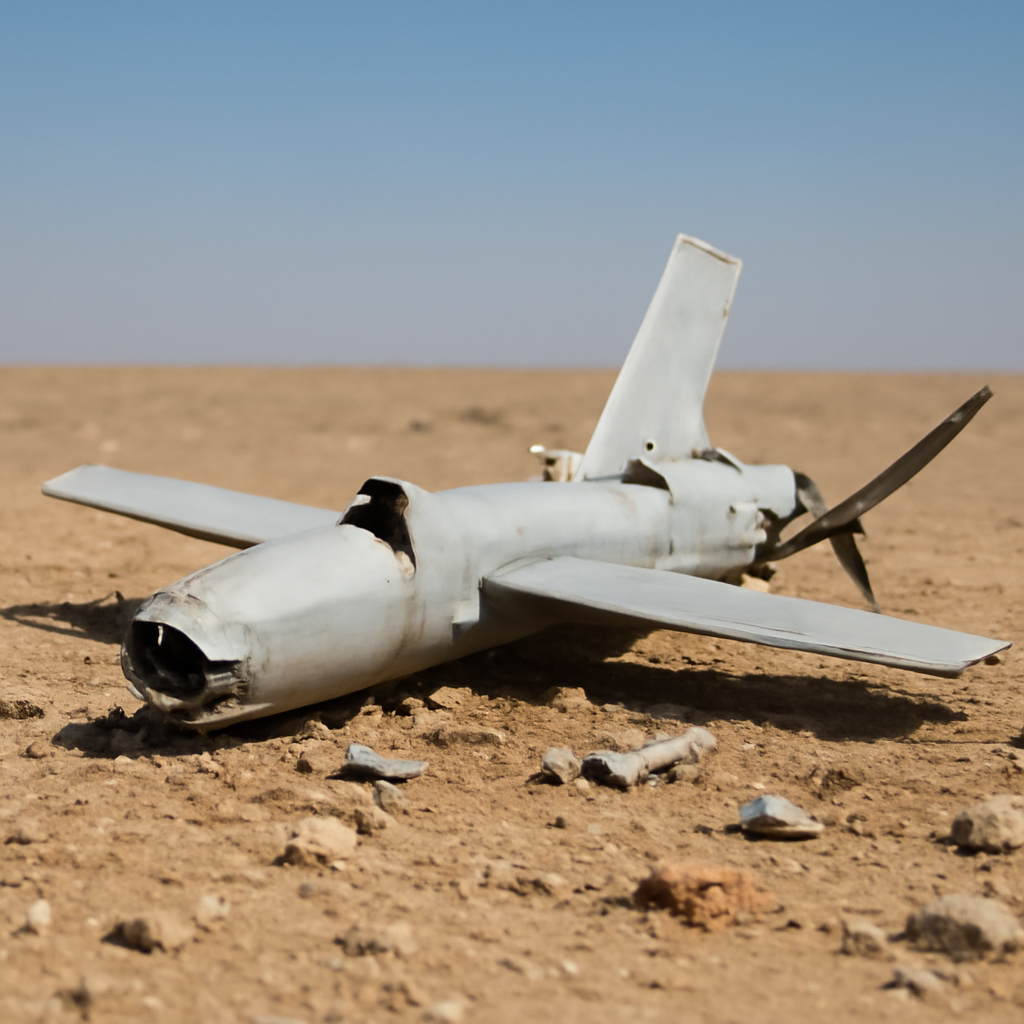 Drone wreckage lies on desert surface with scattered debris under clear blue sky.