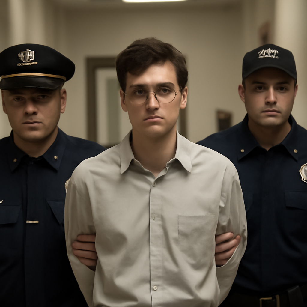 Young man escorted by law enforcement officers in a federal courthouse setting.