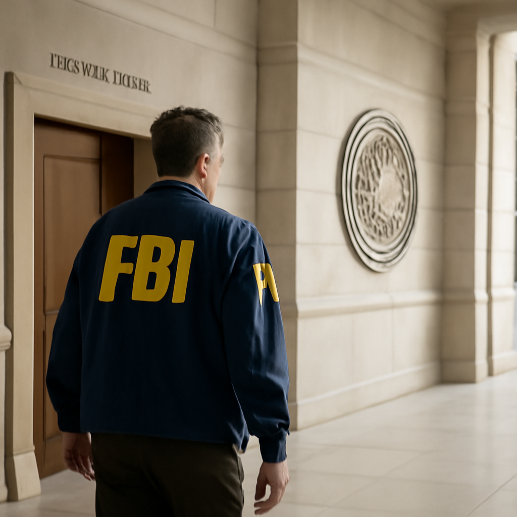 Law enforcement activity outside a federal building, suggesting a cybercrime case.