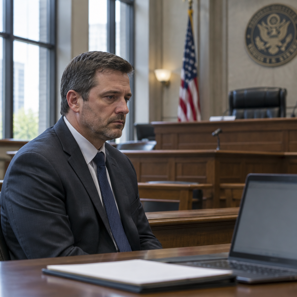 Man sits in courtroom with somber expression, surrounded by institutional architecture.