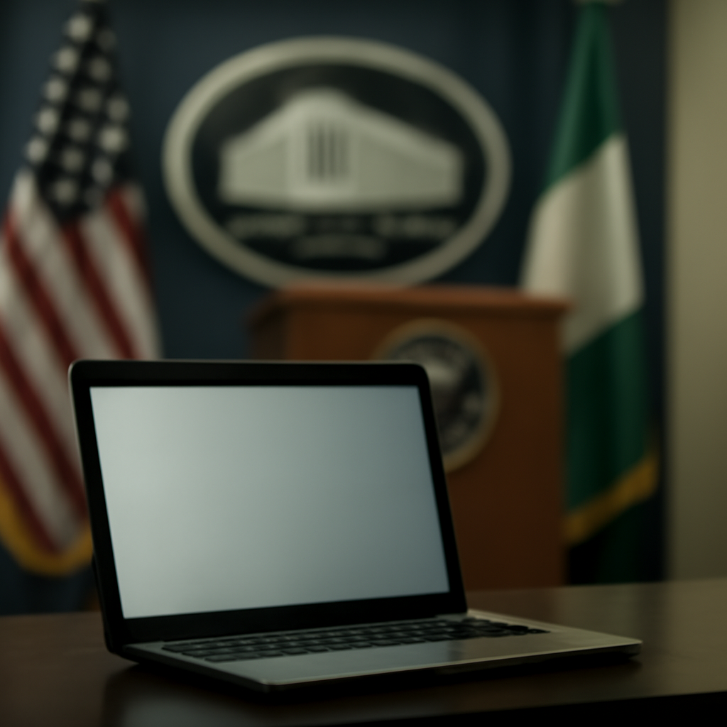US law enforcement officials gather in a formal briefing room with a blurred emblem in the background.