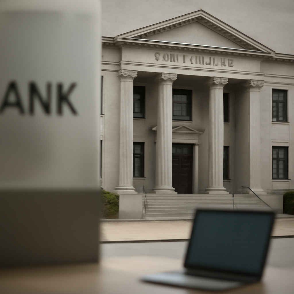 Courthouse entrance with blurred bank exterior in foreground.