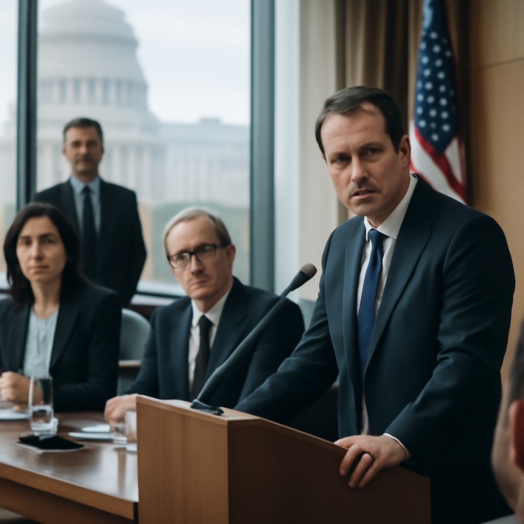 Government officials gather around a podium in a well-lit room with a cityscape background, expressions hinting at…