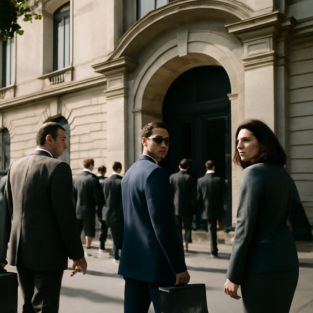 Businesspeople approach a grand, sleek building with French architectural details.