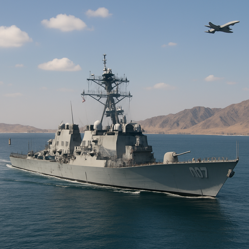 US naval vessel underway in Strait of Hormuz with aircraft in distance.