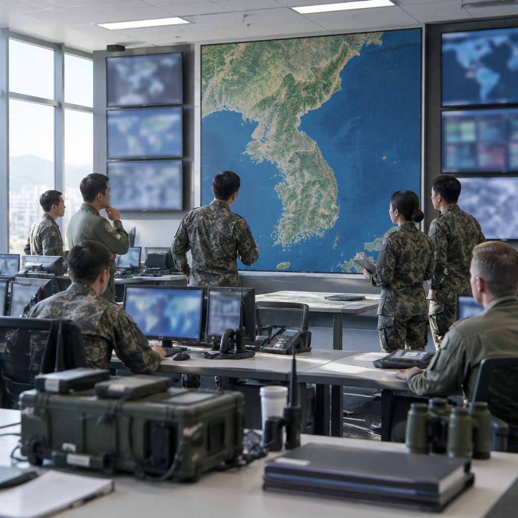 Military operations center with electronic equipment and a large map of the Korean Peninsula on the wall, screens and…