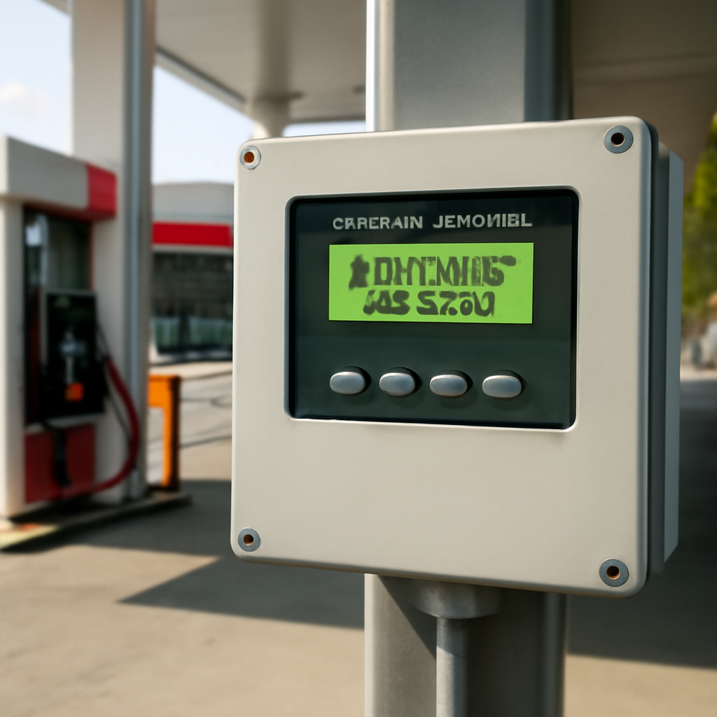 Internet-exposed automatic tank gauge system at a gas station with pumps and convenience store in the background.