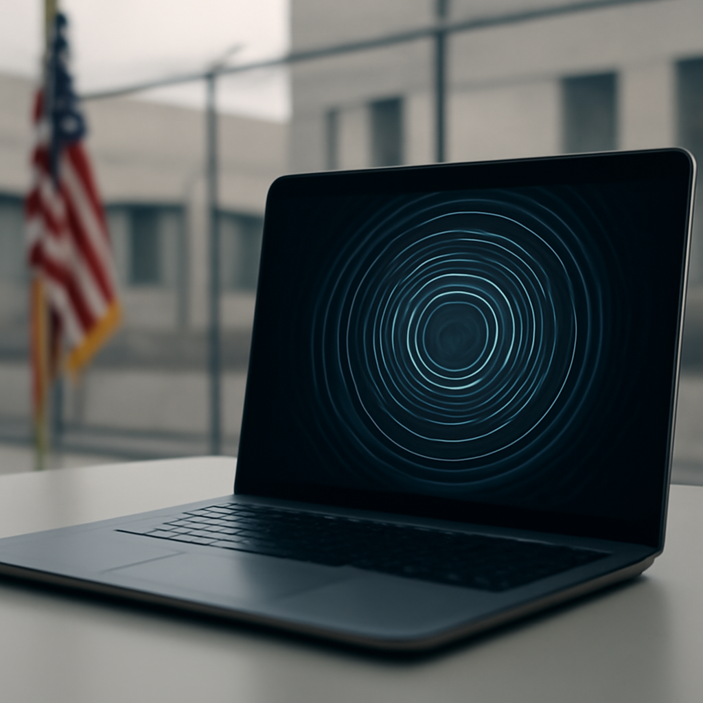 Secure computer terminal on a plain surface in a government facility.