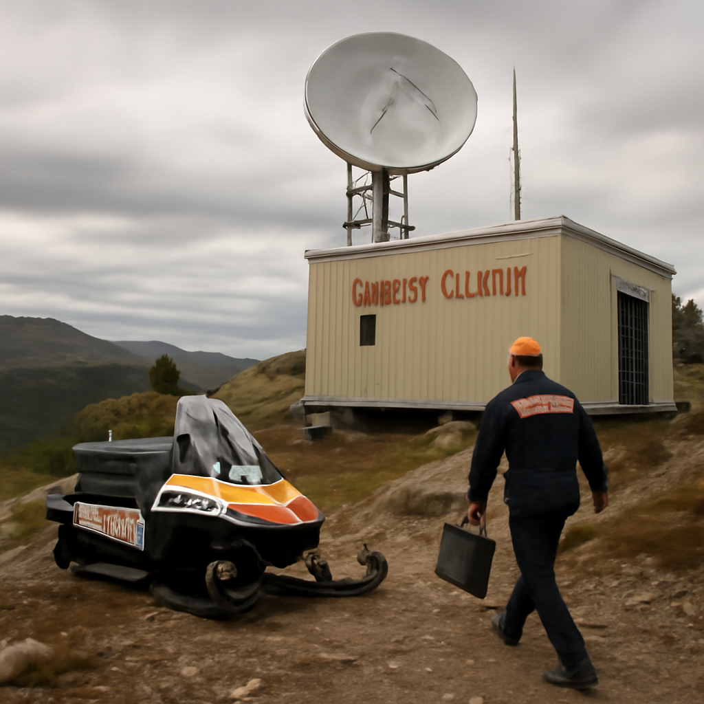 Remote Coast Guard communications site with satellite dish on a hillside, technician and vehicle nearby.