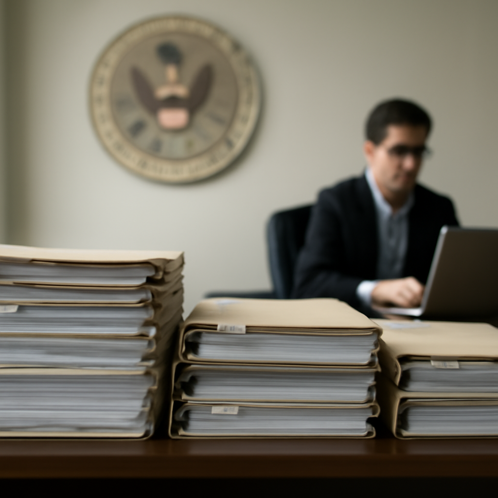 Government office setting with AI-related documents on a desk.
