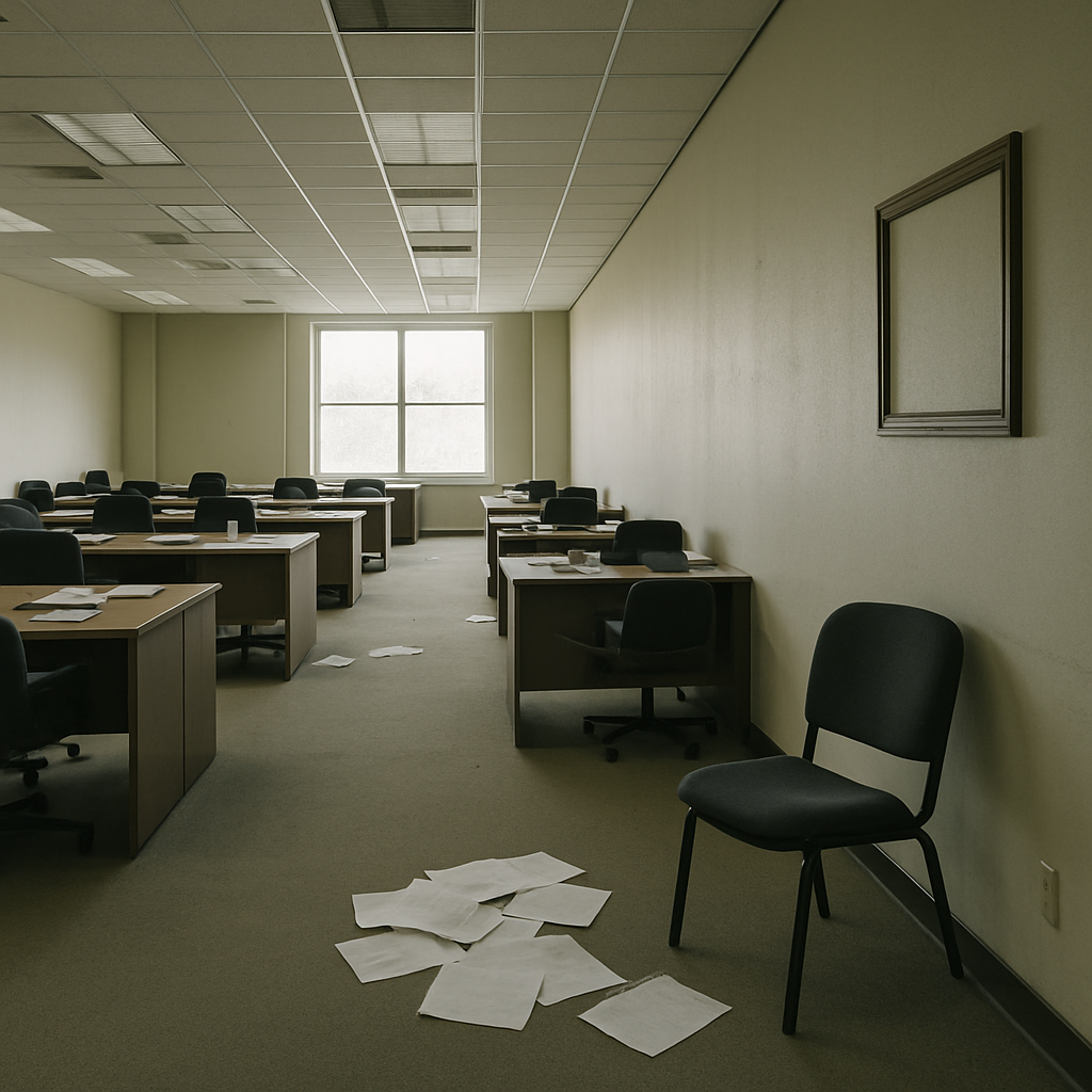 Empty office space with rows of vacant desks and chairs, scattered with office supplies and papers.