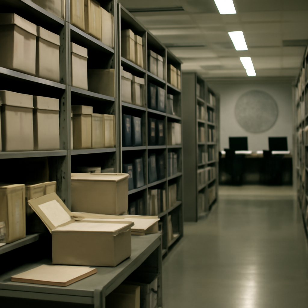Rows of shelving units in a dimly lit archive room hold file boxes and binders, with some documents pulled out or open.