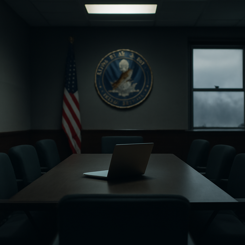 A dimly lit government briefing room with a single laptop on a table surrounded by empty chairs under soft overhead lighting.