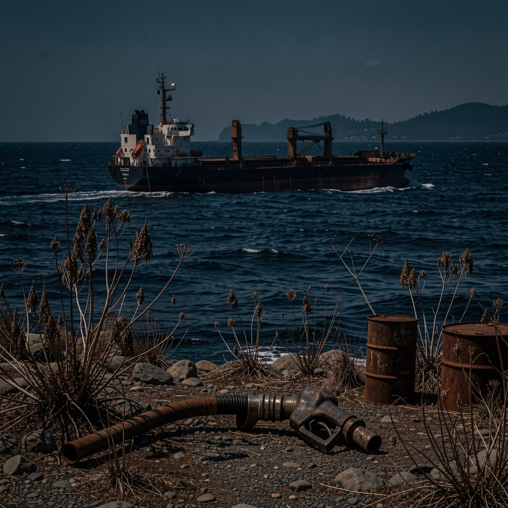 Rusty oil tanker navigates choppy waters off Australian coast, with abandoned fuel nozzle on drought-stricken shoreline.