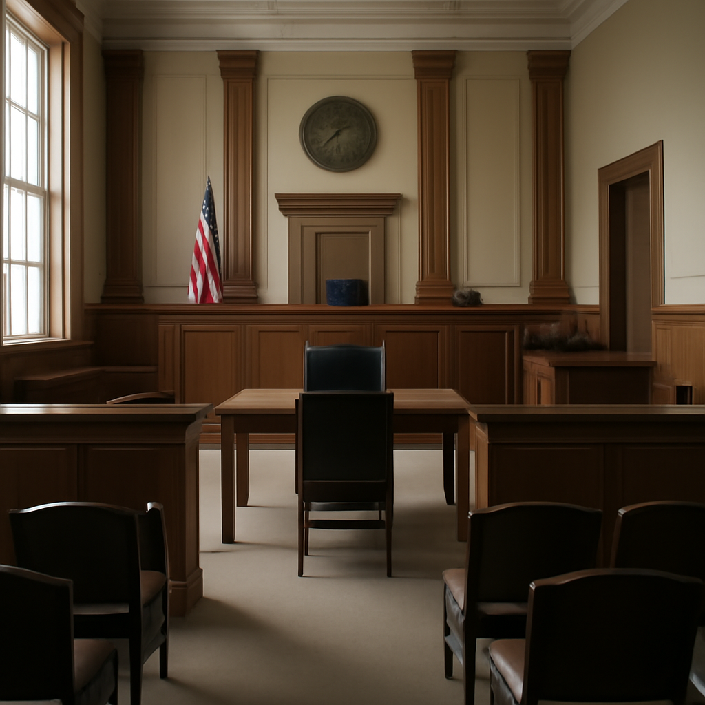 Interior of a US courthouse with a judge's bench, empty chairs, and natural daylight pouring in through tall windows.