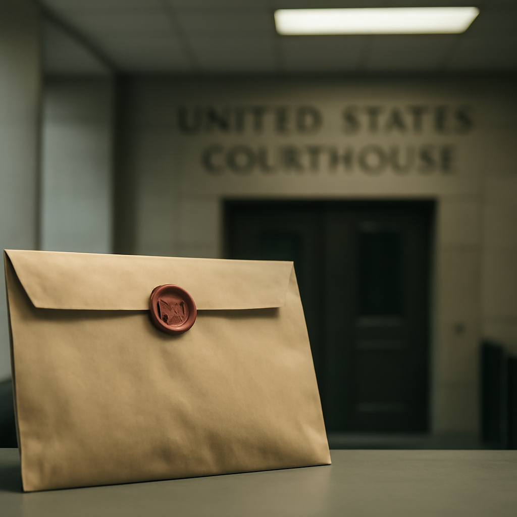 Federal courthouse setting with a blurred law enforcement badge on a neutral background.