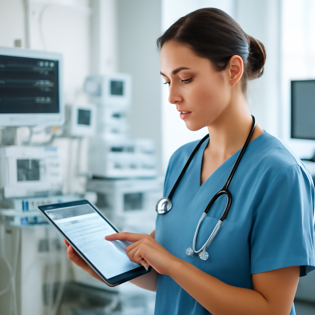 Healthcare professional using tablet to view patient data in clinical setting.