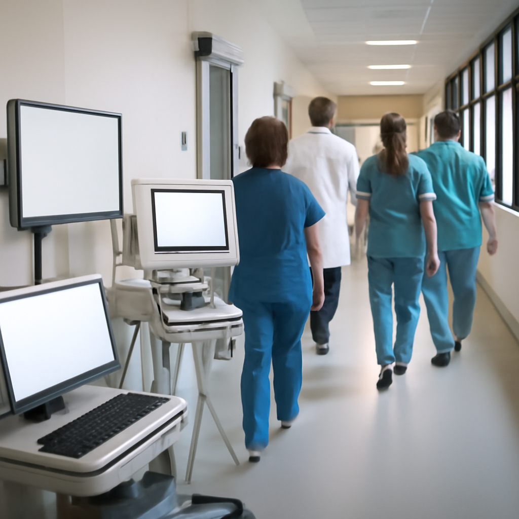 Healthcare professionals walk down a hospital corridor past electronic health record systems and medical devices with blank…