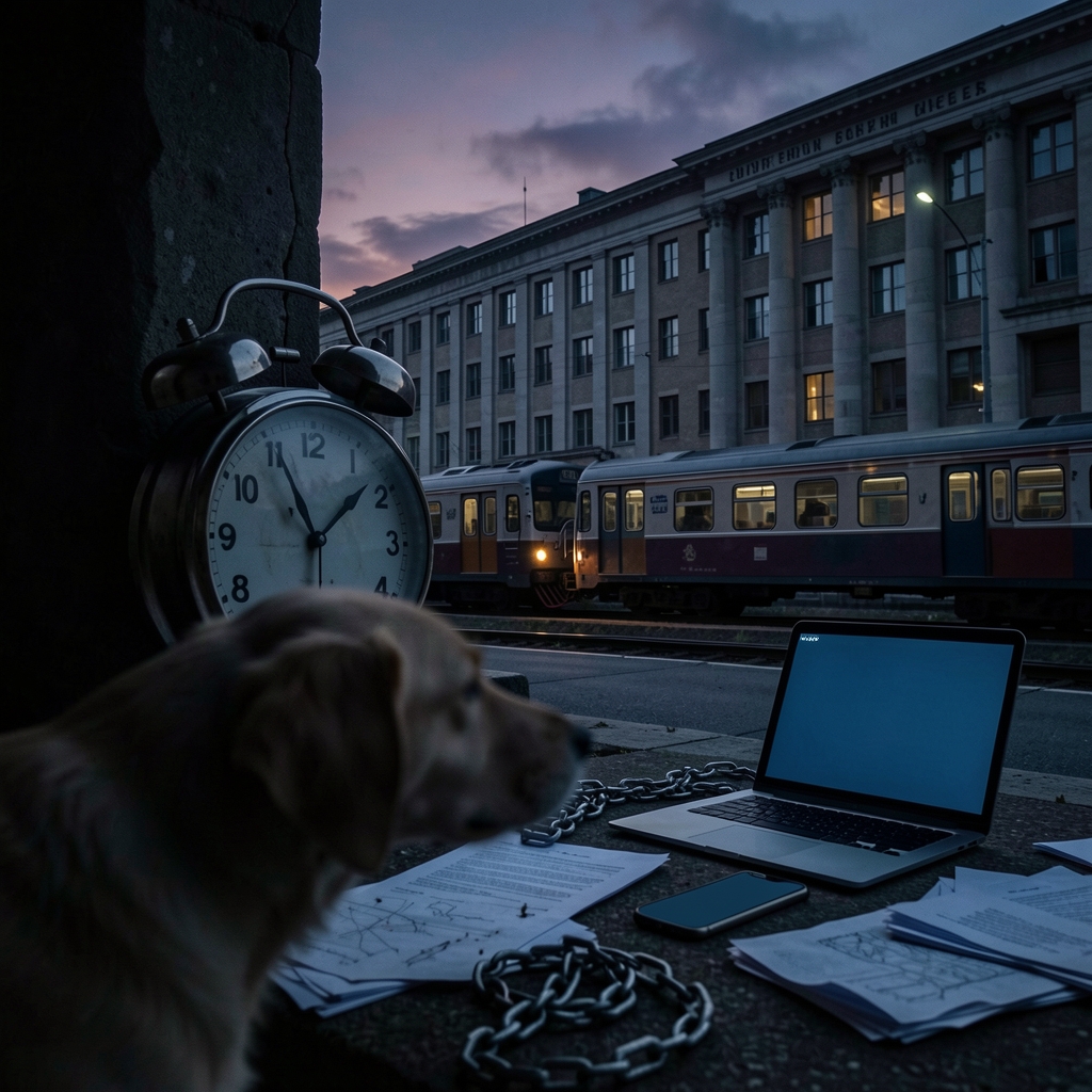 Dimly lit scene with stopped clock, blurred dog, and locked laptop amidst scattered papers beside a government building at…