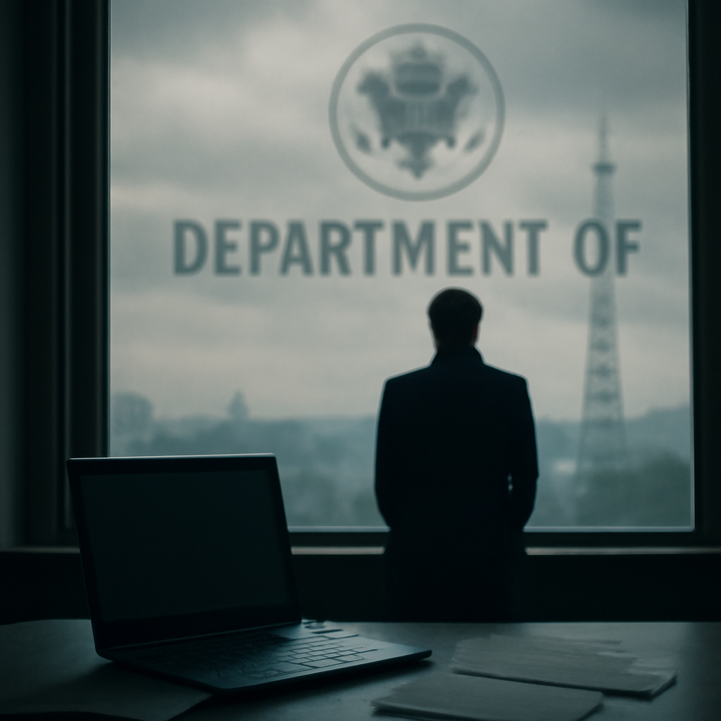 US government official stands in front of agency building, gazing out at cityscape.