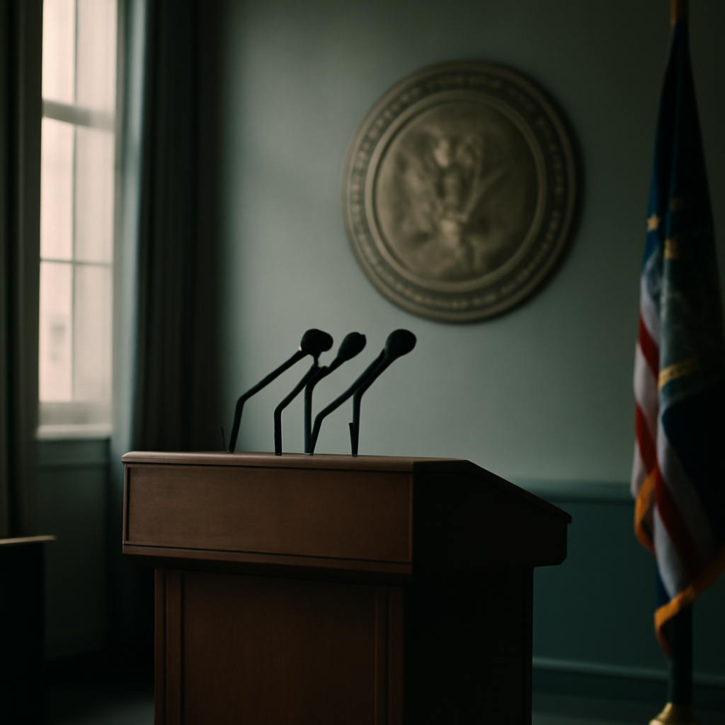 Formal government briefing room with podium and daylight from tall windows.