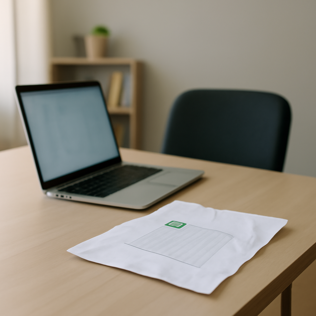 A cluttered freelance workspace with a laptop and crumpled paper on a desk.