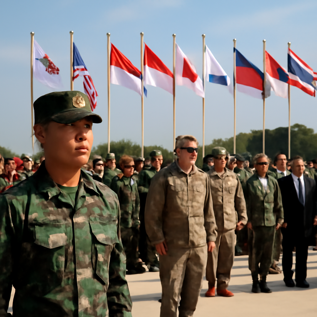 Military personnel stand at attention with flags and multinational troops in background.